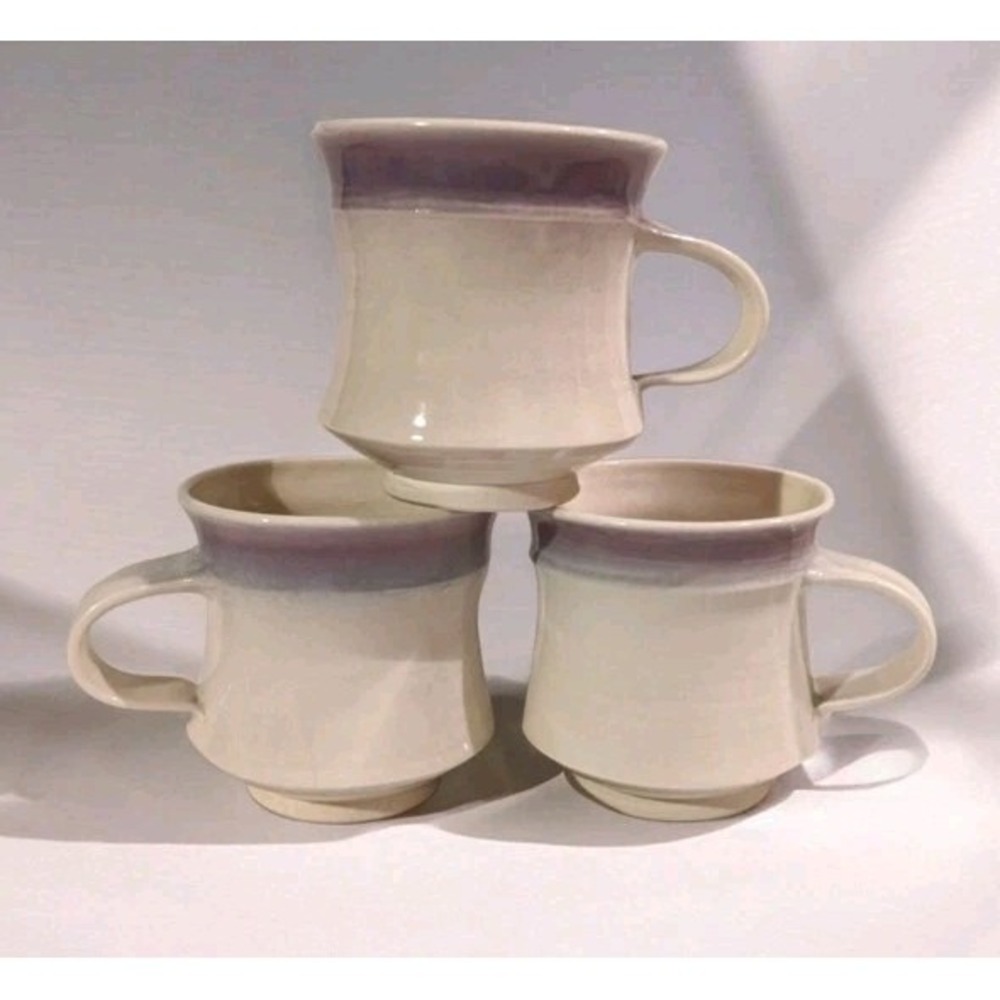 Studio Pottery Mugs Handmade Coffee Cups Signed Purple Stripe White Art Set Of 3